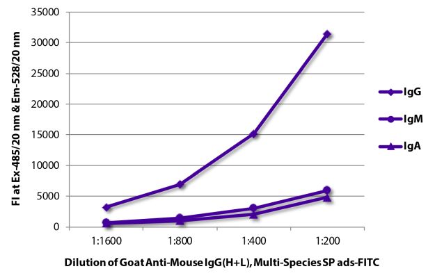 Image: Goat IgG anti-Mouse IgG (H+L)-FITC, MinX Hu,Rt,Ha,Go,Sh,Rb,Ck,Gp,Ho,Bo