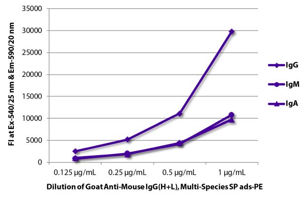 Image: Goat IgG anti-Mouse IgG (H+L)-RPE, MinX Hu,Rt,Ha,Go,Sh,Rb,Ck,Gp,Ho,Bo