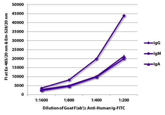 Abbildung: Ziege F(ab')2 anti-Human IgG+IgM+IgA (H+L)-FITC, MinX keine