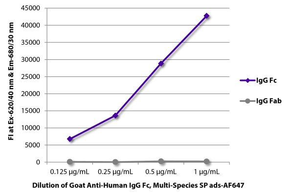 Abbildung: Ziege IgG anti-Human IgG (Fc)-Alexa Fluor 647, MinX Rb,Ms,Rt,Bo,Ho,Ha,Go,Sh,Ck,Gp