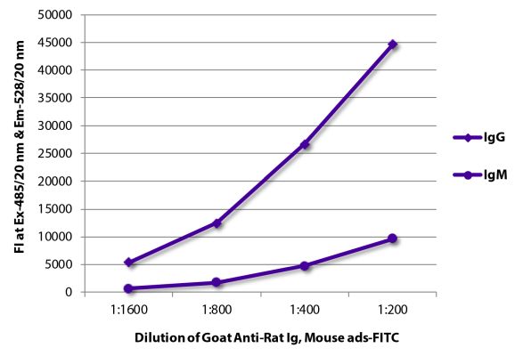 Abbildung: Ziege IgG anti-Ratte IgG+IgM (H+L)-FITC, MinX Ms
