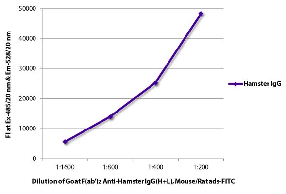 Abbildung: Ziege F(ab')2 anti-Hamster armenisch IgG (H+L)-FITC, MinX Ms,Rt